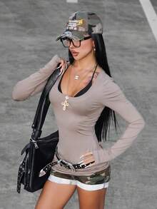 INAWLY 女士纯色橄榄绿圆领长袖修身性感T恤 - 軍綠色 - 查看 3