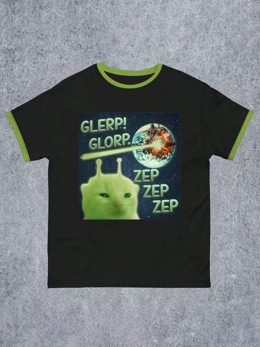 Manfinity Dauomo Plus Size Men's Contrast Trim Cartoon & Letter Print Round Neck Short Sleeve T-Shirt - Multicolor - View 1