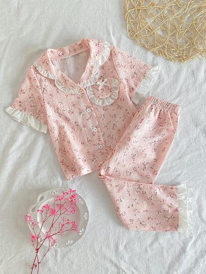 2pcs/Set Girls Ditsy Floral Ruffle Trim Short Sleeve Top And Casual Pants Pajamas, Runs Small, Suggest Ordering One Size Up Strawberry Pajama Set Girl Sleep Wear Little Girls Summer Pajamas Set Summer Sleep Wear Sets Floral Pajama Set Young Girl Pj Set 2pcs Set Toddler Girls Cute Vintage Style Pajamas Set Two Piece