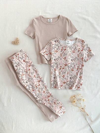 4pcs Girls Floral & Leaf Print Casual Comfortable Short Sleeve Top And Leggings Homewear Set Snug Fit Pajamas Set Two Piece Summer Sleep Wear Sets Floral Pj Set
