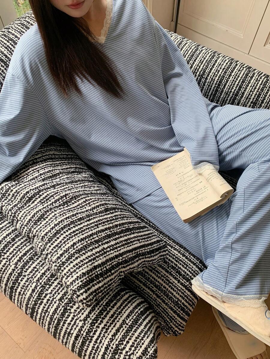 Dazy Plus Contrast Lace V-Neck Loose Striped Long Sleeve Top And Long Pants Casual Pajama Set, Suitable For Spring And Autumn - Blue - View 1