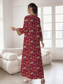 SHEIN Najma 女士复古花卉棕榈树印花V领长袖优雅阿拉伯风格连衣裙，春季 - 彩色 - 查看 2