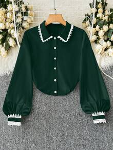 SHEIN Clasi Áo sơ mi nữ dáng ngắn, thanh lịch, tay phồng phối ren tương phản, vạt cong, thích hợp cho công sở và đi làm, mùa xuân/thu. - Màu xanh lá cây đậm - Xem 1