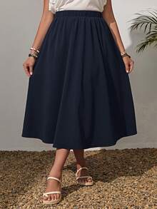 SHEIN PETITE CURVE Plus Size Solid Color Elastic Waist Swing Loose Summer Fashion All-Match Skirt - Navy Blue - View 5