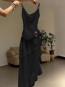 Cévolie Vestido de mujer de unicolor con múltiples capas de tirantes, 2026 - Negro - Ver 3