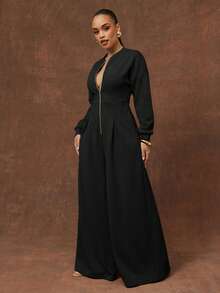 Vixey Solid Color Heavy Weight Fleece Sweatshirt Long Sleeve Wide Leg Jumpsuit - Black - View 5