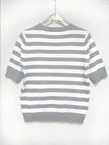 EMERY ROSE 女士条纹圆领短袖休闲针织上衣 - 灰色 - 查看 2