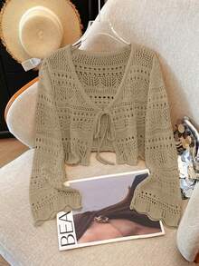 Franclia 新款纯色镂空钩编蕾丝轻薄开衫，百搭女士针织毛衣 - 摩卡棕 - 查看 3