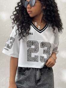 Coolane Kids Tween Girls Summer/Spring, Streetwear Sparkly Breathable Mesh Number Pattern White V-Neck Short Jersey Tees,Back To School ,Y2K,Jersey T-Shirt - White - View 1