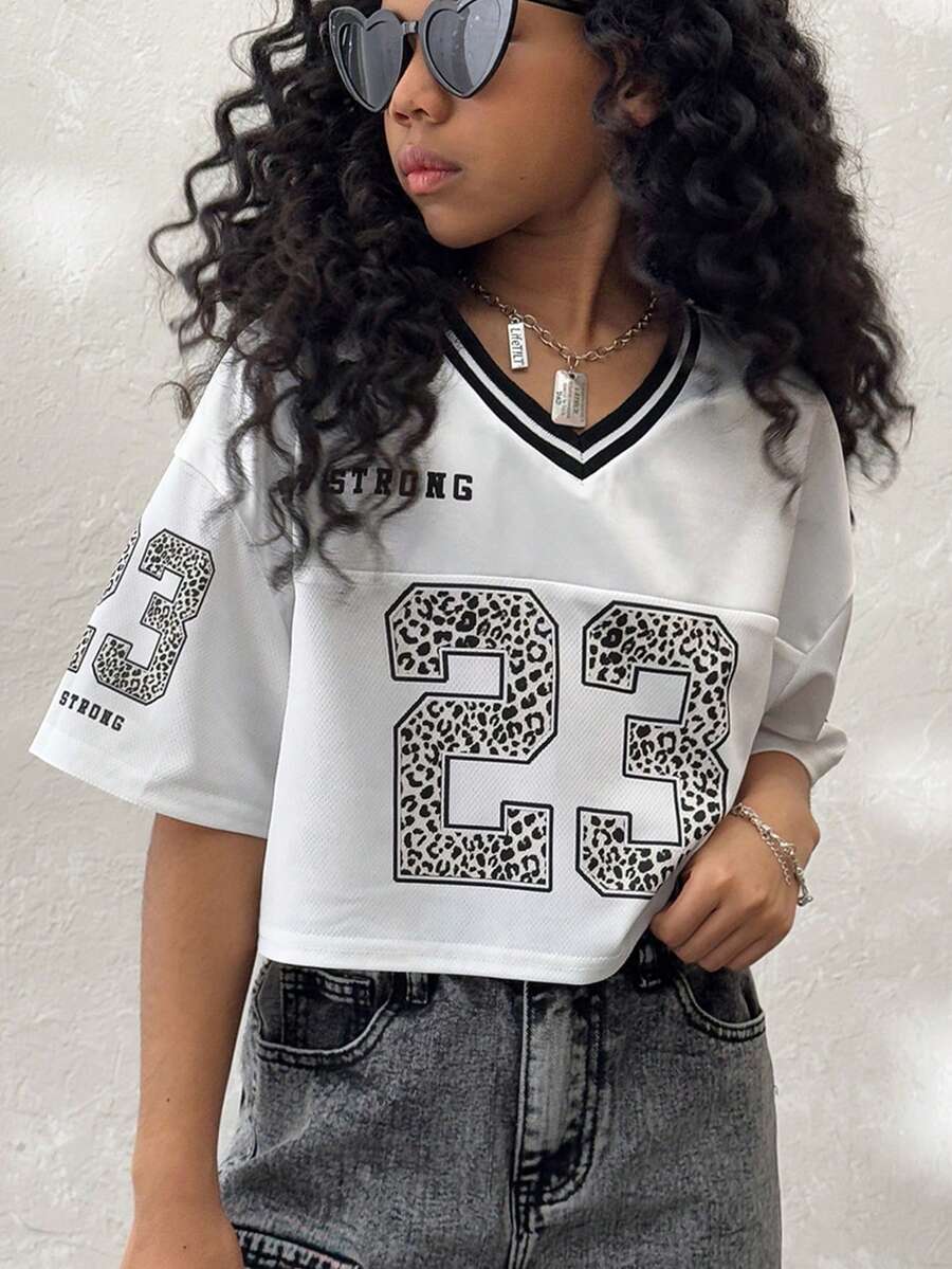 Coolane Kids Tween Girls Summer/Spring, Streetwear Sparkly Breathable Mesh Number Pattern White V-Neck Short Jersey Tees,Back To School ,Y2K,Jersey T-Shirt - White - View 1