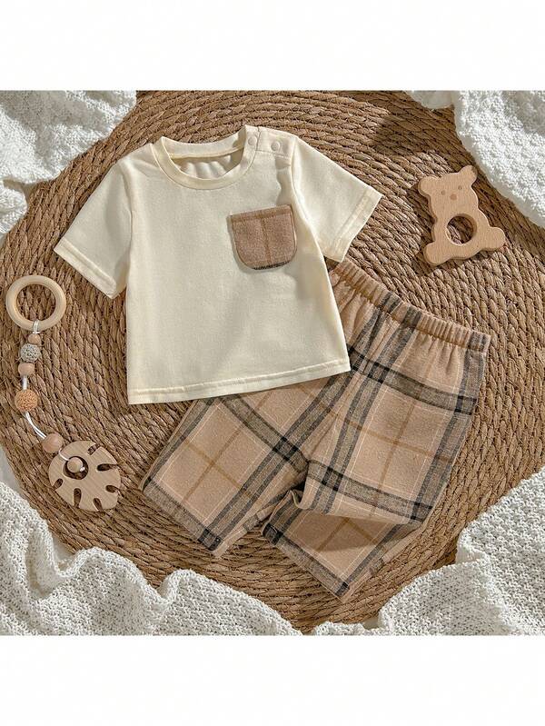 Loomiva 2pcs Newborn Baby Girl/Boy Casual Round Neck Short Sleeve Pocket T-Shirt And Plaid Pattern Loose Pants Pajama Set