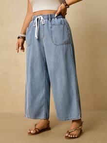 Travachic Plus Size Women Loose Straight Leg Jeans, Elastic Waist With Drawstring, Light Blue Washed, Straight Leg Pants - Light Wash - View 7