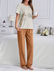 EURMUSE 100%Cotton 2Pcs Cotton Animal Print Shirt And Heart Printed Long Bottom PJ Set - White - View 5