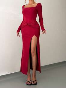 Islaluna 酒红色优雅长袖扭褶晚礼服，适合宴会和正式场合，秋冬季 - 酒紅色 - 查看 1