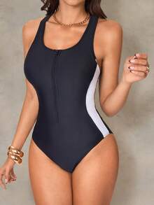 Shapewave 女士黑色连体拉链泳衣 - 修身性感设计，后背交叉绑带，时尚前卫 - 黑色 - 查看 4