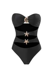 SHEIN Swim 1件套无肩带镂空海星装饰纯色连体迷你裙高级套装 - 黑色 - 查看 5