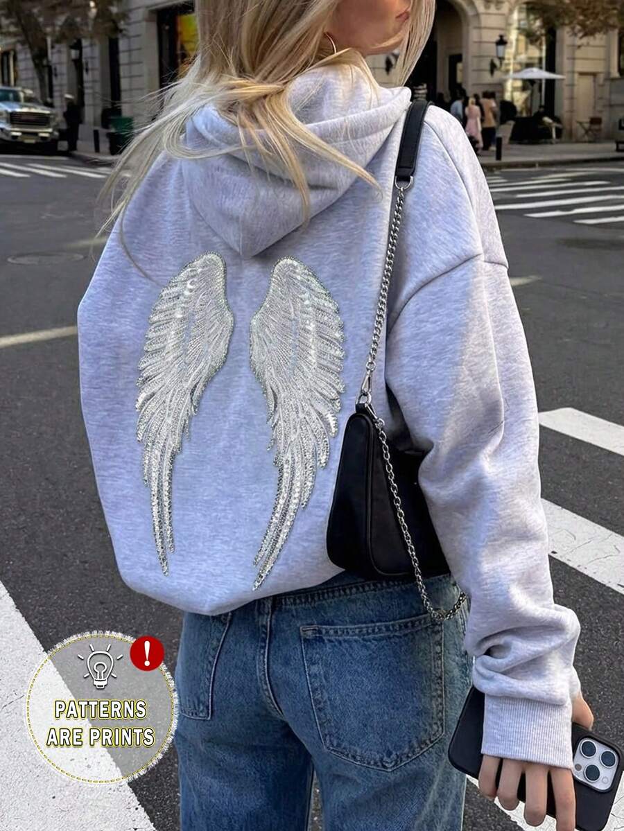 Muchica Casual Minimalist Wing Sequin Print Hooded Long Sleeve Loose Sweatshirt For Women Carnival - Light Grey - View 1