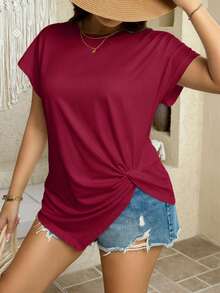 SHEIN LUNE Plus Size Women's Solid Color Round Neck Short Sleeve Asymmetric Hem Casual T-Shirt Plus Size Solid Color T Shirt Wine Red Top Dark Red Tops Long T Shirt For Women Plus Size Oversized T Shirt, Going Out Tops - Burgundy - View 4