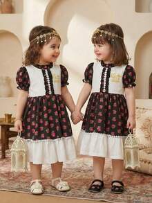 SHEIN Baby Girls' Spring Middle Eastern Style Madder Rose Print Ruffle Collar Puff Sleeve Double Hem Contrast Color Short Sleeve Dress, Soft And Comfortable Fabric, Suitable For Middle Eastern Festivals And Daily Wear, Great For Photos   رمضان  قرقيعان  فستان العيد  الملابس التقليدية العربية - Purple - View 2