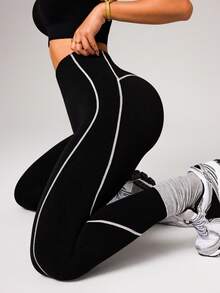 Dewbera 1 chiếc quần legging nữ không đường may, cạp cao, phối sọc tương phản, thích hợp cho chạy bộ, tập thể dục, yoga. - Đen và trắng - Xem 5