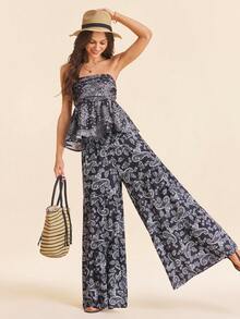 Coeurva Women's Loose Wide Leg Printed Chiffon Palazzo Pants,Navy Blue And White,Boho,Vacation,Holiday,Autumn Spring Summer Flowy Pants For Vacation - Black and White - View 2