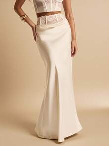 SHEIN BAE Chân váy đuôi cá bằng satin màu mơ phối ren, thanh lịch, thích hợp cho các bữa tiệc, sự kiện cocktail, váy sinh nhật, váy phù dâu, trang phục khách mời đám cưới, mùa xuân/hè. - Màu be - Xem 4