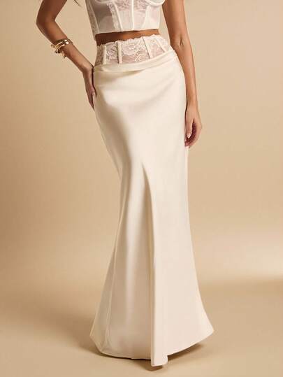 SHEIN BAE Aprikosfärgad spetsmönster elegant satinkjol med sjöjungfrumönster, Aprikosfärgad elegant kjol, Lämplig för fester, cocktailevenemang, födelsedagsklänningar, brudtärneklänningar, bröllopsgästklädsel, vår/sommar