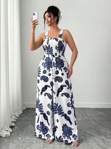 Elenzga Bộ jumpsuit không tay in hoa dành cho nữ cỡ lớn, kiểu dáng thanh lịch, thích hợp cho kỳ nghỉ xuân hè. - Màu xanh lam - Xem 8