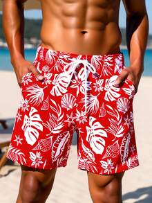 Manfinity RSRT Quần short nam in họa tiết toàn thân, túi xéo, cạp chun, kiểu dáng thường ngày, thích hợp đi biển, đi nghỉ mát, quần bơi nam đồng bộ, đồ bơi nam, quần áo đi biển cho nam, quần short bơi nam, quần bơi nam kiểu Hawaii, quần short Hawaii cho nam, quần short nam màu đỏ, quần bơi nam đi nghỉ mát. - Đỏ - Xem 5