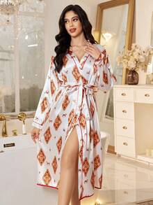 LuxeNights 奢华系带仿丝绸女士睡袍 - 白色 - 查看 4