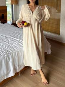 DAZY Romantic Lace Patchwork Textured Loose Lantern Sleeve Mid-Length Women Nightgown - Beige - View 5