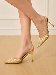 CUCCOO HITCHD 女士尖头仿珍珠装饰优雅日常百搭时尚高跟鞋 - 金色 - 查看 8