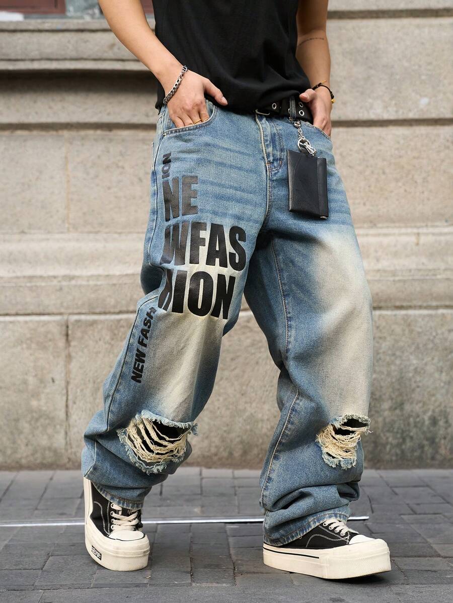 Manfinity EMRG Men's Printed Distressed Wide Leg Jeans - Light Wash - View 1