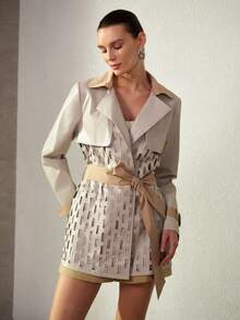 MOTF PREMIUM WOMEN'S FASHIONABLE HOLLOW OUT CONTRAST COLORBLOCK PU PATCHWORK BLAZER - Grey - View 4