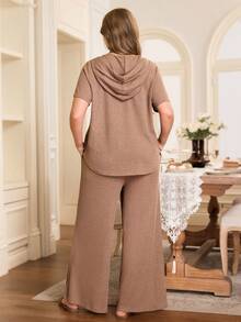 EMERY ROSE Plus Size Women's Brown Summer Curve Smart Casual Loungewear,Solid Short Sleeve Hooded T-Shirt&Wide Leg Pants 2-Piece Set,Comfortable Vacation Outfits - Mocha Brown - View 5