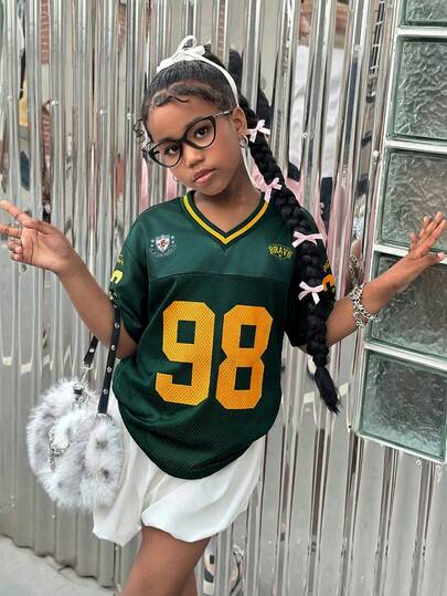 少女街头风针织网眼拼接V领短袖上衣，春夏款