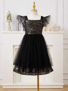 Đầm ngắn dáng chữ A xếp lớp tay ngắn đính sequin lưới cho bé gái dự tiệc cưới, tiệc tùng, sinh nhật, biểu diễn. - màu đen - Xem 4