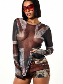 SUMWON WOMEN UK Flag Print Long Sleeve Fitted Crop Top Mesh Semi Sheer Vintage Distressed Style Fall Winter Layer - Multicolor - View 4