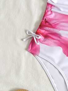 SHEIN Teen Girls White Floral Print Ruched Waist One-Piece Swimsuit With Skirt, Casual Beach Vacation Swimwear Set, Spring/Summer