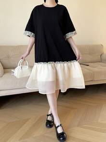 SHEIN Teen Girls' Black & White Patchwork Contrast Color Organza Ruffle Hem Loose Casual Minimalist Straight Dress,Kids - Black - View 5