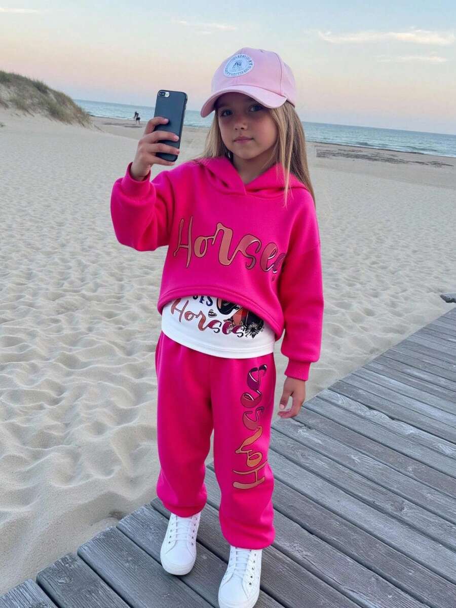 Girls Spring/Autumn Hoodie Outfit - Letter Print Hoodie, Pony Print Vest, Letter Print Pants, Fashionable Korean Style Casual Suit For Toddlers - Multicolor - View 1