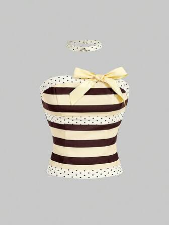 Kawaii Top bandeau mode à rayures et patchwork avec décoration nœud pour femmes