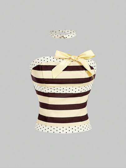 Kawaii Top bandeau mode à rayures et patchwork avec décoration nœud pour femmes