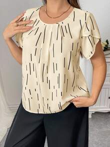 SHEIN Privé Áo kiểu nữ cỡ lớn thanh lịch, cổ tròn, tay cánh hoa, tay ngắn, thích hợp đi làm, họa tiết sọc hình học đen trắng tương phản, kiểu dáng nghệ thuật, tay ngắn rộng rãi. - Màu be - Xem 2