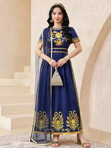 SHEIN 优雅少女睡袍，缎带装饰，花卉刺绣，A字廓形，收腰设计，飘逸长裙，中东风格，适合春夏穿着。 - 寶藍色 - 查看 7