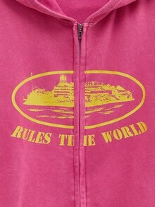 Open Phase Washed Men's Autumn Dropped Shoulder Long Sleeve Zipper Collar Retro Fashion Print Casual Hoodie - Hot Pink - View 3