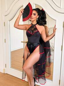 Fantasy Costume 2pcs Set: Lace Patchwork Colorblock Bustier Jumpsuit + Maxi Skirt - Black - View 3