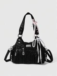 ROMWE Grunge Punk 时尚纯色PU皮革水桶单肩包，通勤必备 - 查看 2