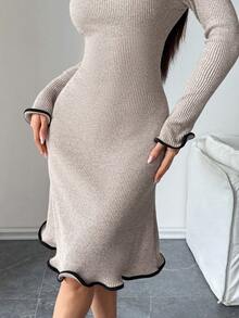Modelyn Vestido ajustado de manga larga de punto acanalado con volantes en el bajo, para otoño/invierno - Caqui - Ver 5