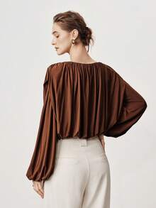 SHEIN Stylify Women's Coffee Brown Elegant Long Sleeve Blouse,Autumn Office Business Casual Ruched Round Neck Shirt,French Vintage Elastic Lined Versatile Top - Brown - View 4